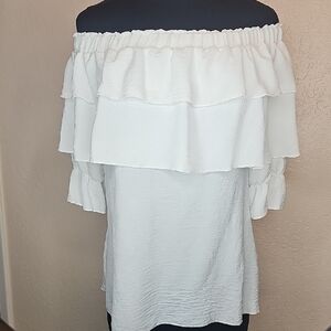 Elegant Off-Shoulder White Blouse With Double Layer Ruffle Front Size Med.